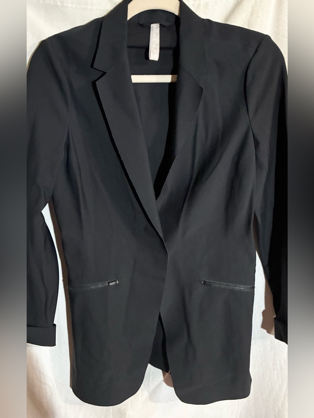 Athleta Slim Fit Blazer Sz 6 Black Jacket Single Snap Zip Pocket Scuba Chic